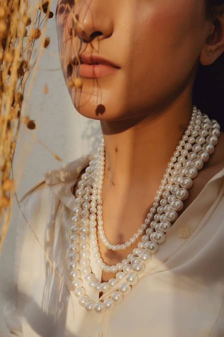 Shop Anaash White Pearls Layered Necklace at Aza Fashions Shop_Anaash_White Pearls Layered Necklace _at_Aza_Fashions