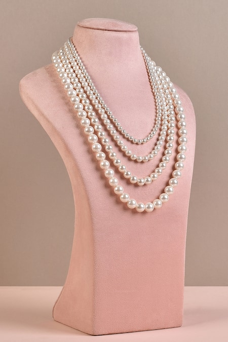 Buy online Cream Faux Pearl Embellished Layered Necklace from