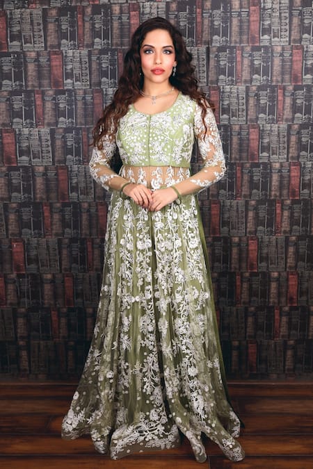 Archana Kochhar Green Anarkali Net Palazzo Georgette Embroidered Embellished And Set 
