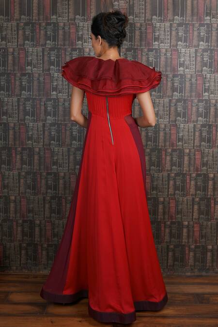 Shop_Archana Kochhar_Red  Ruffles Organza, Satin Floral Motifs Embroidered Gown _at_Aza_Fashions