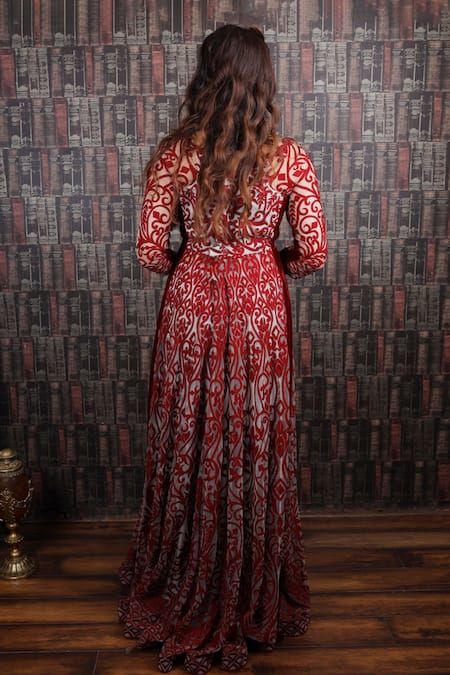 Shop Archana Kochhar Red Anarkali Net Palazzo Georgette Aari Work, Resham V Embroidered And Set at Aza Fashions Shop_Archana Kochhar_Red Anarkali Net Palazzo Georgette Aari Work, Resham V Embroidered And Set _at_Aza_Fashions