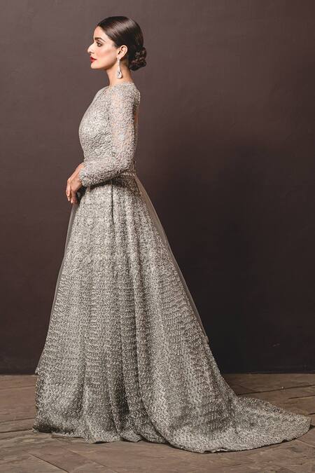 Nitika Gujral_Grey Gown Georgette Dupatta Tulle Round Embroidered Anarkali With _Online_at_Aza_Fashions