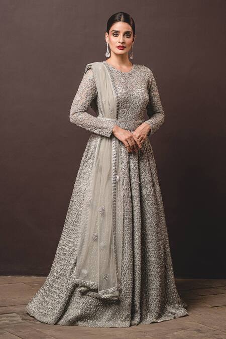 Buy_Nitika Gujral_Grey Gown Georgette Dupatta Tulle Round Embroidered Anarkali With _Online_at_Aza_Fashions
