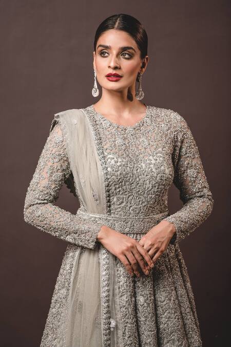 Shop_Nitika Gujral_Grey Gown Georgette Dupatta Tulle Round Embroidered Anarkali With _Online_at_Aza_Fashions