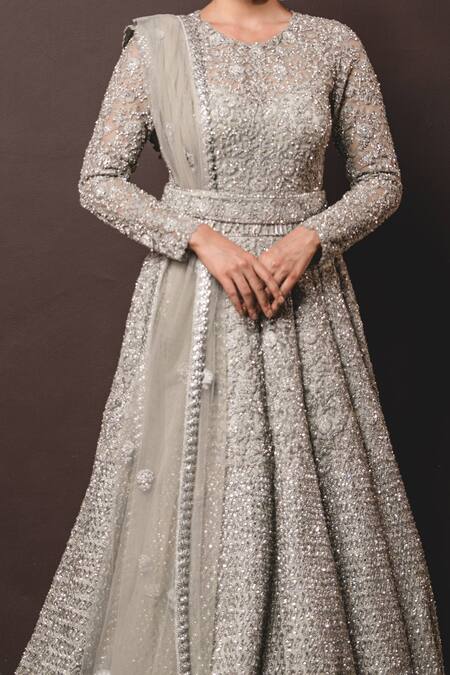 Nitika Gujral_Grey Gown Georgette Dupatta Tulle Round Embroidered Anarkali With _at_Aza_Fashions