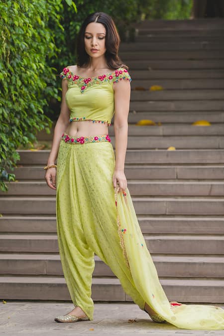 Buy Laalzari Women Embroidered Crop Top Dhoti Pants with Shrug | Yellow  Color Women | AJIO LUXE
