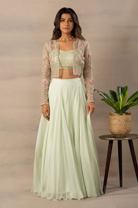 Anupraas By Nishant And Rahul_Green Organza, Georgette Blouse Sweetheart Neck Embroidered And Lehenga Set _Online_at_Aza_Fashions