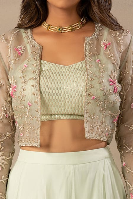Shop_Anupraas By Nishant And Rahul_Green Organza, Georgette Blouse Sweetheart Neck Embroidered And Lehenga Set _Online_at_Aza_Fashions