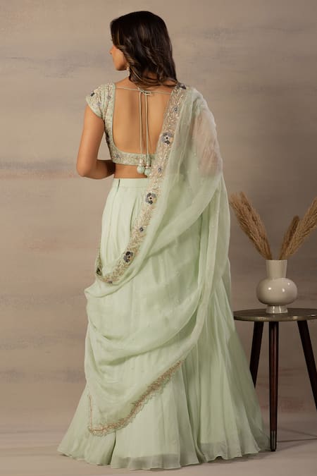 Shop Anupraas By Nishant And Rahul Green Organza, Bamberg Silk Sweetheart Neck Embroidered Blouse And Lehenga Set at Aza Fashions Shop_Anupraas By Nishant And Rahul_Green Organza, Bamberg Silk Sweetheart Neck Embroidered Blouse And Lehenga Set _at_Aza_Fashions