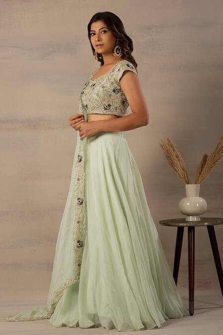 Anupraas By Nishant And Rahul Green Organza, Bamberg Silk Sweetheart Neck Embroidered Blouse And Lehenga Set Online at Aza Fashions Anupraas By Nishant And Rahul_Green Organza, Bamberg Silk Sweetheart Neck Embroidered Blouse And Lehenga Set _Online_at_Aza_Fashions