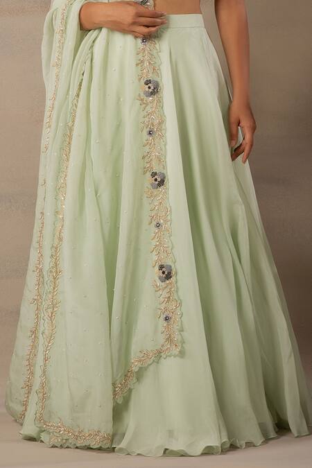 Shop Anupraas By Nishant And Rahul Green Organza, Bamberg Silk Sweetheart Neck Embroidered Blouse And Lehenga Set Online at Aza Fashions Shop_Anupraas By Nishant And Rahul_Green Organza, Bamberg Silk Sweetheart Neck Embroidered Blouse And Lehenga Set _Online_at_Aza_Fashions