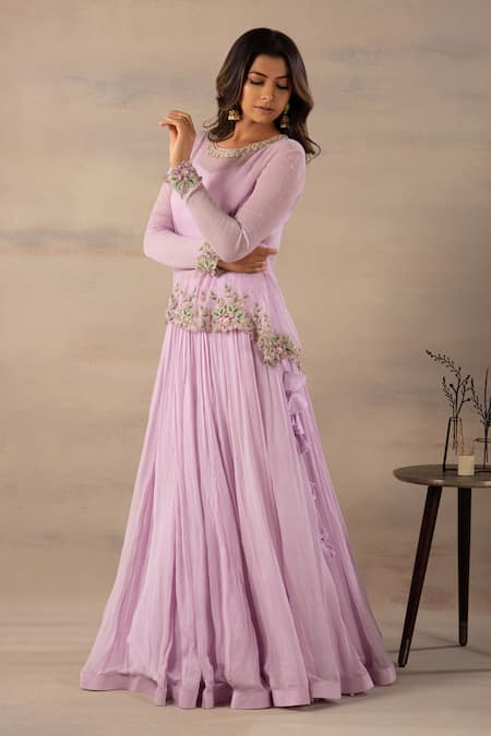 Anupraas By Nishant And Rahul_Purple Chiffon Round Asymmetric Top And Lehenga Set _Online_at_Aza_Fashions