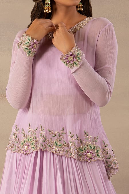 Buy_Anupraas By Nishant And Rahul_Purple Chiffon Round Asymmetric Top And Lehenga Set _Online_at_Aza_Fashions