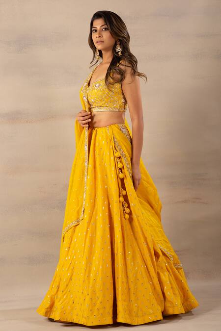 Anupraas By Nishant And Rahul_Yellow Organza, Bamberg Silk Sweetheart Neck Embroidered Lehenga Set _Online_at_Aza_Fashions