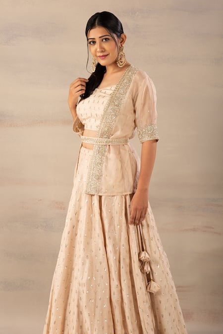 Anupraas By Nishant And Rahul_Peach Organza, Bamberg Silk Sweetheart Neck Embroidered Jacket And Lehenga Set _Online_at_Aza_Fashions