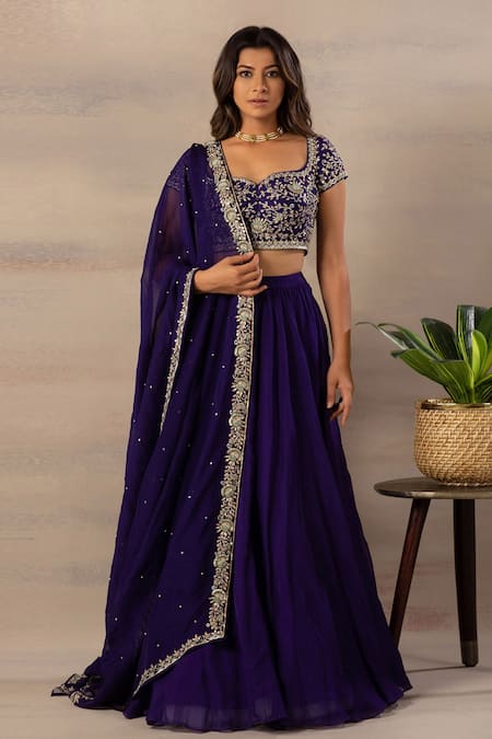 Anupraas By Nishant And Rahul Blue Organza, Bamberg Silk Sweetheart Neck Embroidered Blouse And Lehenga Set