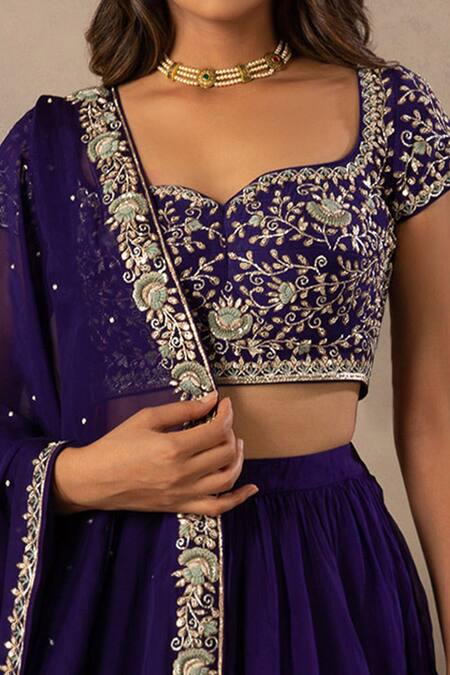 Shop Anupraas By Nishant And Rahul Blue Organza, Bamberg Silk Sweetheart Neck Embroidered Blouse And Lehenga Set Online at Aza Fashions Shop_Anupraas By Nishant And Rahul_Blue Organza, Bamberg Silk Sweetheart Neck Embroidered Blouse And Lehenga Set _Online_at_Aza_Fashions