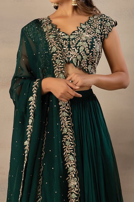 Shop Anupraas By Nishant And Rahul Green Organza, Bamberg Silk V Neck Embroidered Blouse And Lehenga Set Online at Aza Fashions Shop_Anupraas By Nishant And Rahul_Green Organza, Bamberg Silk V Neck Embroidered Blouse And Lehenga Set _Online_at_Aza_Fashions