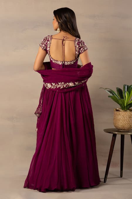 Shop Anupraas By Nishant And Rahul Maroon Organza, Bamberg Silk Round Embroidered Blouse And Lehenga Set at Aza Fashions Shop_Anupraas By Nishant And Rahul_Maroon Organza, Bamberg Silk Round Embroidered Blouse And Lehenga Set _at_Aza_Fashions