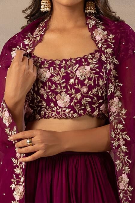 Buy Anupraas By Nishant And Rahul Maroon Organza, Bamberg Silk Round Embroidered Blouse And Lehenga Set Online at Aza Fashions Buy_Anupraas By Nishant And Rahul_Maroon Organza, Bamberg Silk Round Embroidered Blouse And Lehenga Set _Online_at_Aza_Fashions