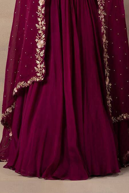 Shop Anupraas By Nishant And Rahul Maroon Organza, Bamberg Silk Round Embroidered Blouse And Lehenga Set Online at Aza Fashions Shop_Anupraas By Nishant And Rahul_Maroon Organza, Bamberg Silk Round Embroidered Blouse And Lehenga Set _Online_at_Aza_Fashions