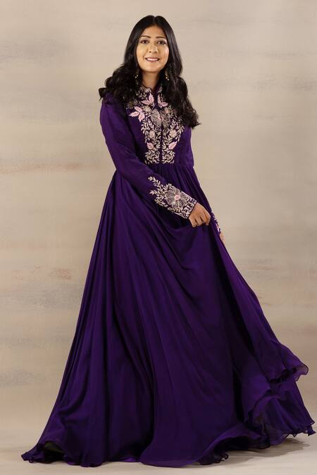 Anupraas By Nishant And Rahul Purple Bamberg Silk Band Collar Embroidered Kalidar Anarkali Online at Aza Fashions Anupraas By Nishant And Rahul_Purple Bamberg Silk Band Collar Embroidered Kalidar Anarkali _Online_at_Aza_Fashions