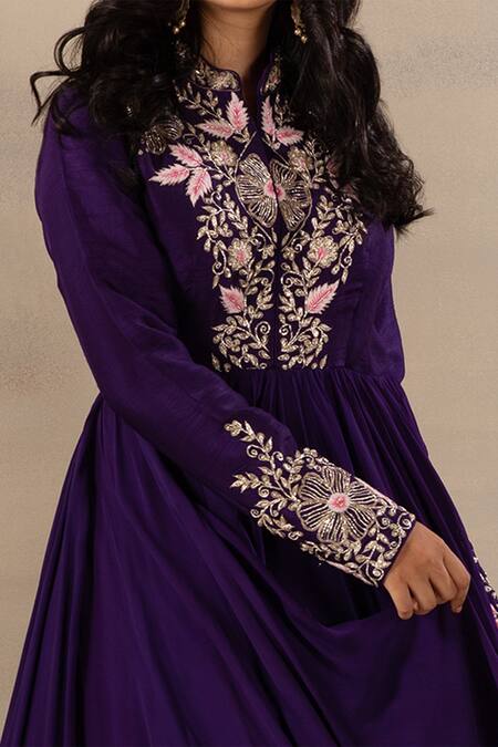 Buy Anupraas By Nishant And Rahul Purple Bamberg Silk Band Collar Embroidered Kalidar Anarkali Online at Aza Fashions Buy_Anupraas By Nishant And Rahul_Purple Bamberg Silk Band Collar Embroidered Kalidar Anarkali _Online_at_Aza_Fashions