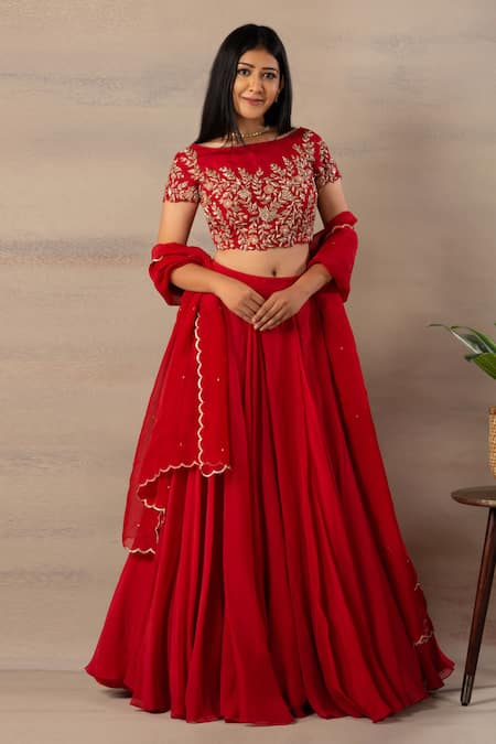 Buy Red Organza Boat Blouse And Lehenga Set For Women by Anupraas by  Nishant and Rahul Online at Aza Fashions.