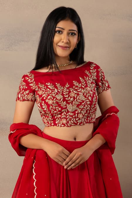 Buy Anupraas By Nishant And Rahul Red Organza Boat Blouse And Lehenga Set Online at Aza Fashions Buy_Anupraas By Nishant And Rahul_Red Organza Boat Blouse And Lehenga Set _Online_at_Aza_Fashions