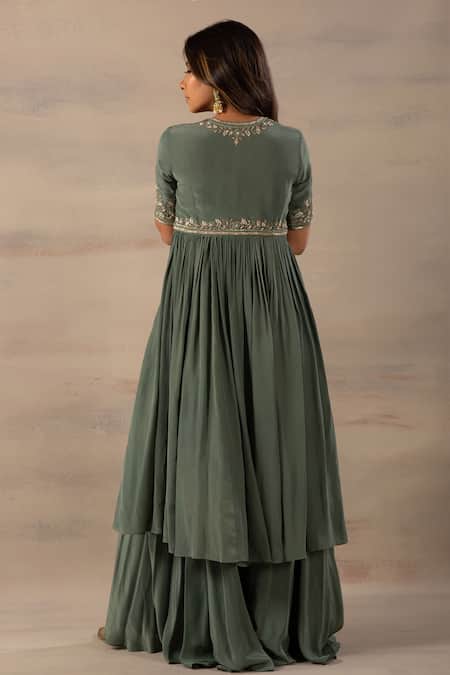 Shop Anupraas By Nishant And Rahul Green Crepe Round Embroidered Jacket And Palazzo Set at Aza Fashions Shop_Anupraas By Nishant And Rahul_Green Crepe Round Embroidered Jacket And Palazzo Set_at_Aza_Fashions