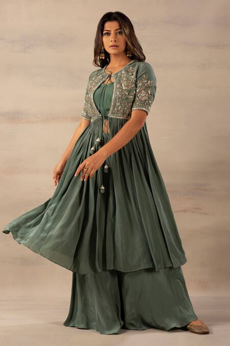 Anupraas By Nishant And Rahul Green Crepe Round Embroidered Jacket And Palazzo Set Online at Aza Fashions Anupraas By Nishant And Rahul_Green Crepe Round Embroidered Jacket And Palazzo Set_Online_at_Aza_Fashions