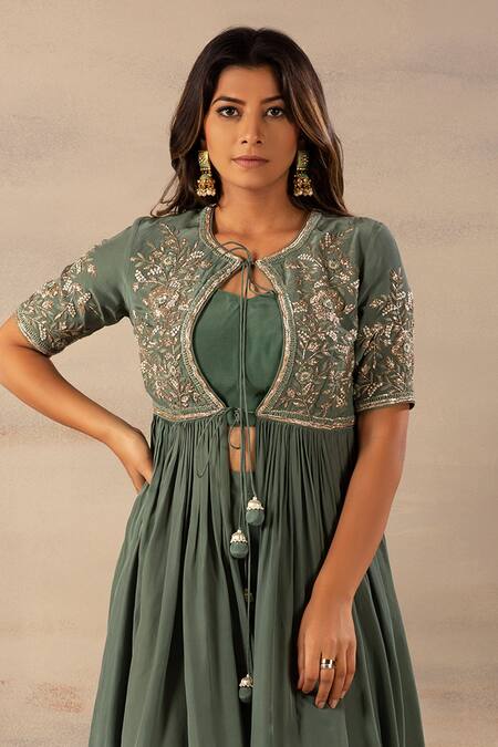Buy Anupraas By Nishant And Rahul Green Crepe Round Embroidered Jacket And Palazzo Set Online at Aza Fashions Buy_Anupraas By Nishant And Rahul_Green Crepe Round Embroidered Jacket And Palazzo Set_Online_at_Aza_Fashions