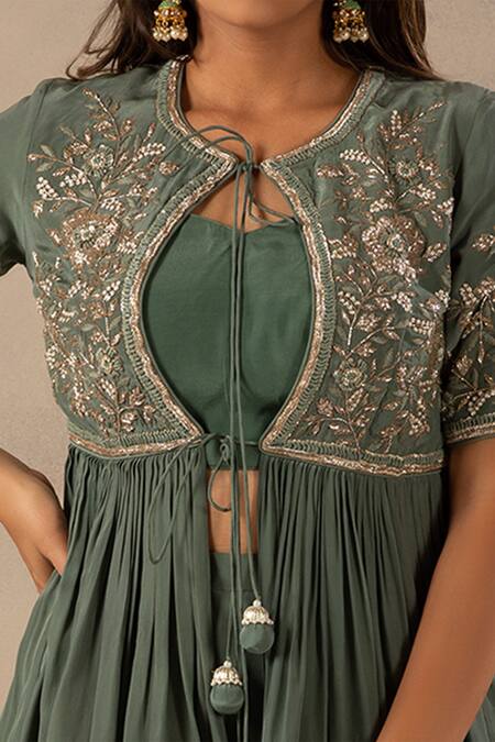 Shop Anupraas By Nishant And Rahul Green Crepe Round Embroidered Jacket And Palazzo Set Online at Aza Fashions Shop_Anupraas By Nishant And Rahul_Green Crepe Round Embroidered Jacket And Palazzo Set_Online_at_Aza_Fashions