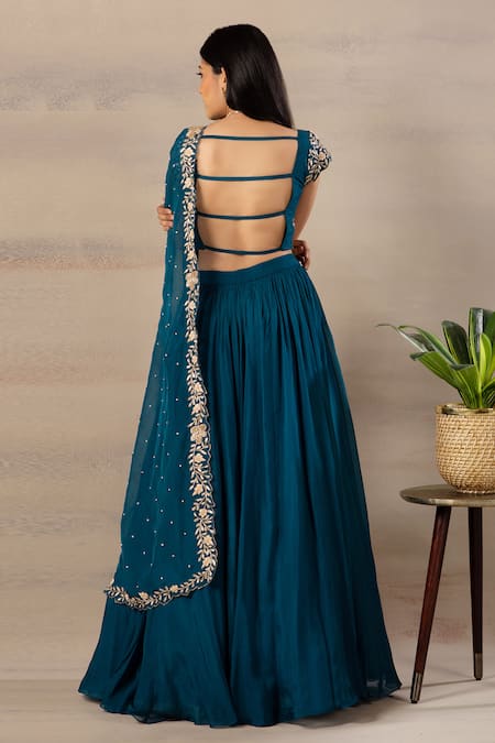 Shop Anupraas By Nishant And Rahul Green Organza, Bamberg Silk V Neck Embroidered Blouse And Lehenga Set at Aza Fashions Shop_Anupraas By Nishant And Rahul_Green Organza, Bamberg Silk V Neck Embroidered Blouse And Lehenga Set _at_Aza_Fashions