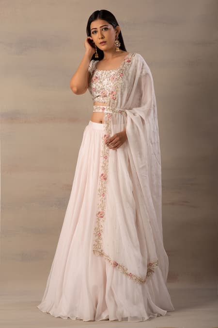 Anupraas By Nishant And Rahul Pink Organza, Bamberg Silk Round Embroidered Lehenga Set 