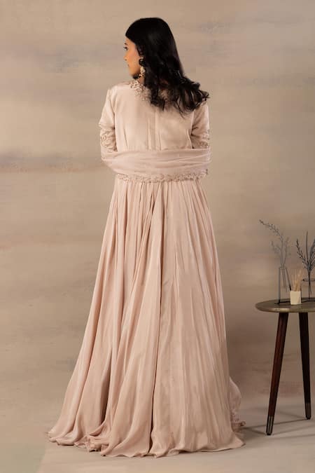 Shop_Anupraas By Nishant And Rahul_Beige Organza, Crepe Round Embroidered Anarkali With Dupatta _at_Aza_Fashions