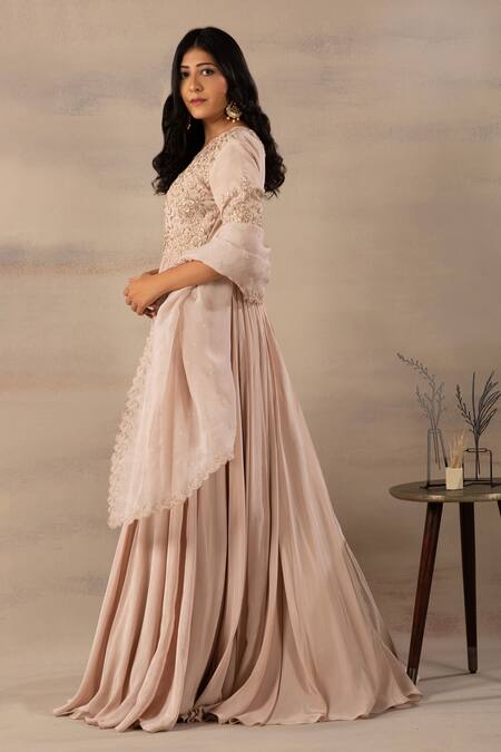 Anupraas By Nishant And Rahul_Beige Organza, Crepe Round Embroidered Anarkali With Dupatta _Online_at_Aza_Fashions