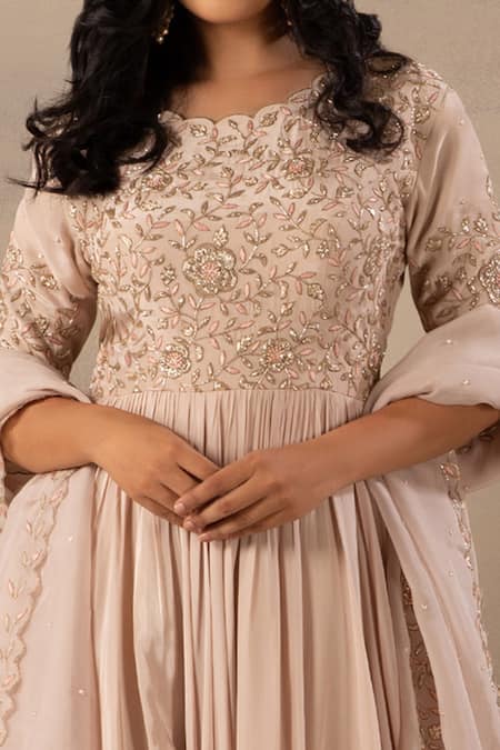 Buy_Anupraas By Nishant And Rahul_Beige Organza, Crepe Round Embroidered Anarkali With Dupatta _Online_at_Aza_Fashions