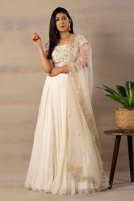 Anupraas By Nishant And Rahul White Organza, Bamberg Silk Round Embroidered Blouse And Lehenga Set Online at Aza Fashions Anupraas By Nishant And Rahul_White Organza, Bamberg Silk Round Embroidered Blouse And Lehenga Set _Online_at_Aza_Fashions