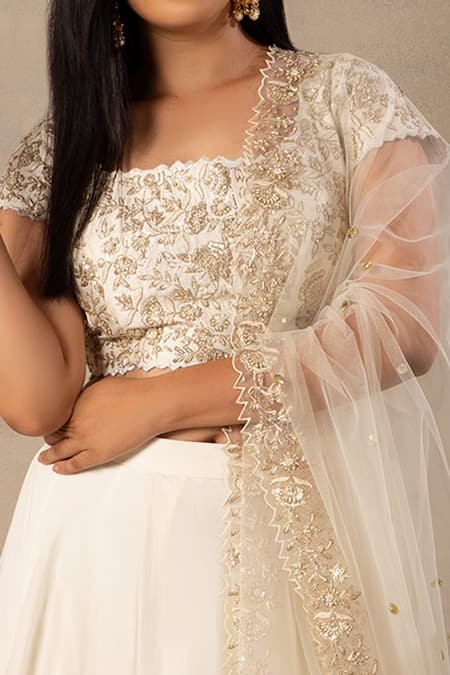 Buy Anupraas By Nishant And Rahul White Organza, Bamberg Silk Round Embroidered Blouse And Lehenga Set Online at Aza Fashions Buy_Anupraas By Nishant And Rahul_White Organza, Bamberg Silk Round Embroidered Blouse And Lehenga Set _Online_at_Aza_Fashions