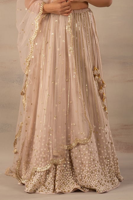 Shop_Anupraas By Nishant And Rahul_Beige Net, Georgette, Bamberg Silk Scoop Neck Embroidered Lehenga Set _Online_at_Aza_Fashions