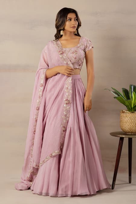 Anupraas By Nishant And Rahul Purple Organza, Bamberg Silk Round Embroidered Blouse And Lehenga Set Online at Aza Fashions Anupraas By Nishant And Rahul_Purple Organza, Bamberg Silk Round Embroidered Blouse And Lehenga Set _Online_at_Aza_Fashions