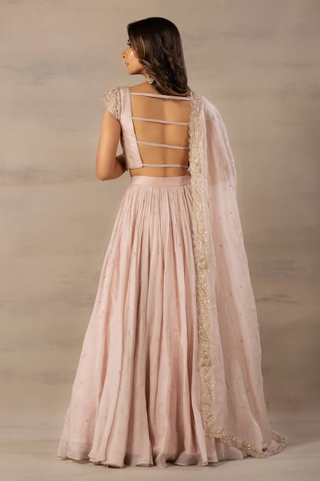 Shop Anupraas By Nishant And Rahul Beige Organza, Bamberg Silk V Neck Embroidered Blouse And Lehenga Set at Aza Fashions Shop_Anupraas By Nishant And Rahul_Beige Organza, Bamberg Silk V Neck Embroidered Blouse And Lehenga Set _at_Aza_Fashions