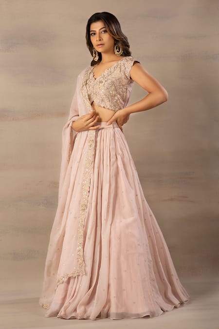 Anupraas By Nishant And Rahul Beige Organza, Bamberg Silk V Neck Embroidered Blouse And Lehenga Set Online at Aza Fashions Anupraas By Nishant And Rahul_Beige Organza, Bamberg Silk V Neck Embroidered Blouse And Lehenga Set _Online_at_Aza_Fashions