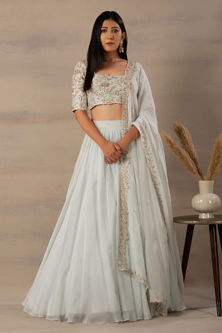 Anupraas By Nishant And Rahul Blue Organza, Bamberg Silk Round Embroidered Blouse And Lehenga Set 