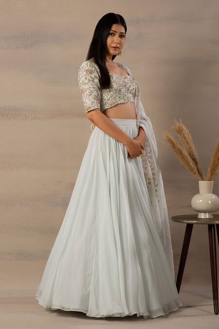 Anupraas By Nishant And Rahul Blue Organza, Bamberg Silk Round Embroidered Blouse And Lehenga Set Online at Aza Fashions Anupraas By Nishant And Rahul_Blue Organza, Bamberg Silk Round Embroidered Blouse And Lehenga Set _Online_at_Aza_Fashions