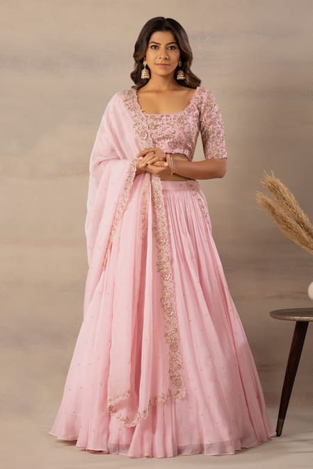 Anupraas By Nishant And Rahul Pink Organza, Bamberg Silk Round Embroidered Blouse And Lehenga Set 