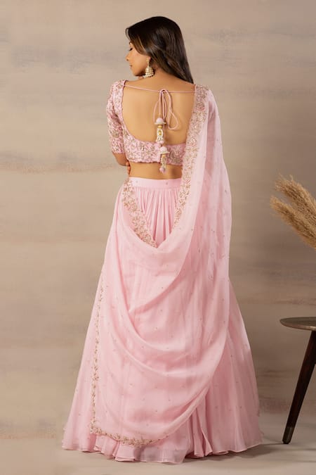 Shop Anupraas By Nishant And Rahul Pink Organza, Bamberg Silk Round Embroidered Blouse And Lehenga Set at Aza Fashions Shop_Anupraas By Nishant And Rahul_Pink Organza, Bamberg Silk Round Embroidered Blouse And Lehenga Set _at_Aza_Fashions