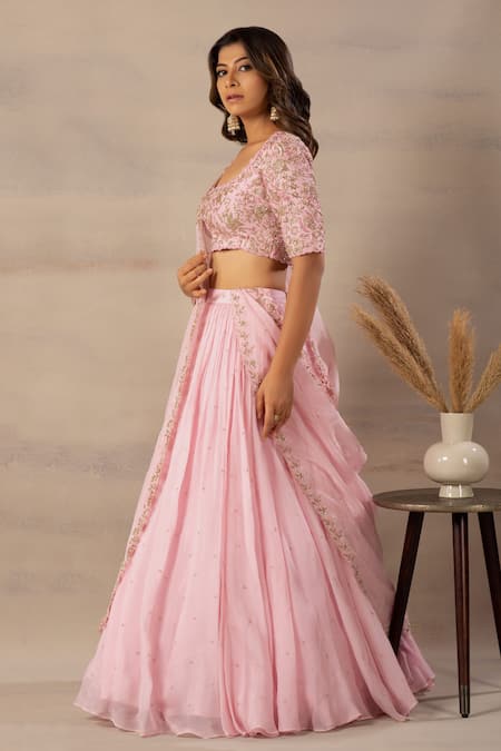 Anupraas By Nishant And Rahul Pink Organza, Bamberg Silk Round Embroidered Blouse And Lehenga Set Online at Aza Fashions Anupraas By Nishant And Rahul_Pink Organza, Bamberg Silk Round Embroidered Blouse And Lehenga Set _Online_at_Aza_Fashions