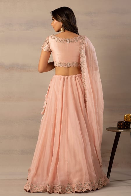 Shop Anupraas By Nishant And Rahul Peach Organza Boat Blouse And Lehenga Set at Aza Fashions Shop_Anupraas By Nishant And Rahul_Peach Organza Boat Blouse And Lehenga Set _at_Aza_Fashions